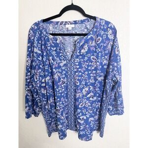 J. JILL Top Womens Size 2X Blue Paisley Popover Split Neck Stretch Casual